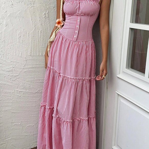 Red And White Casual Women's Elegant Flowy Dress - Picture 3 of 8